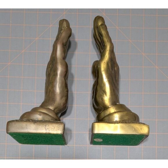 Praying Hands Brass Bookends By Gossa 8" Tall Pair Vintage Home Office Decor - Picture 15 of 15